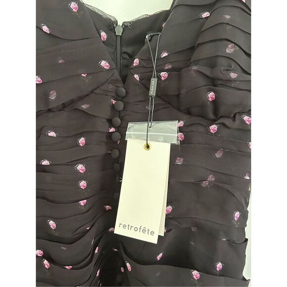 Retrofête Calla Ruched Silk-Chiffon Mini Dress Black Rose Women's Size Small - Picture 8 of 11